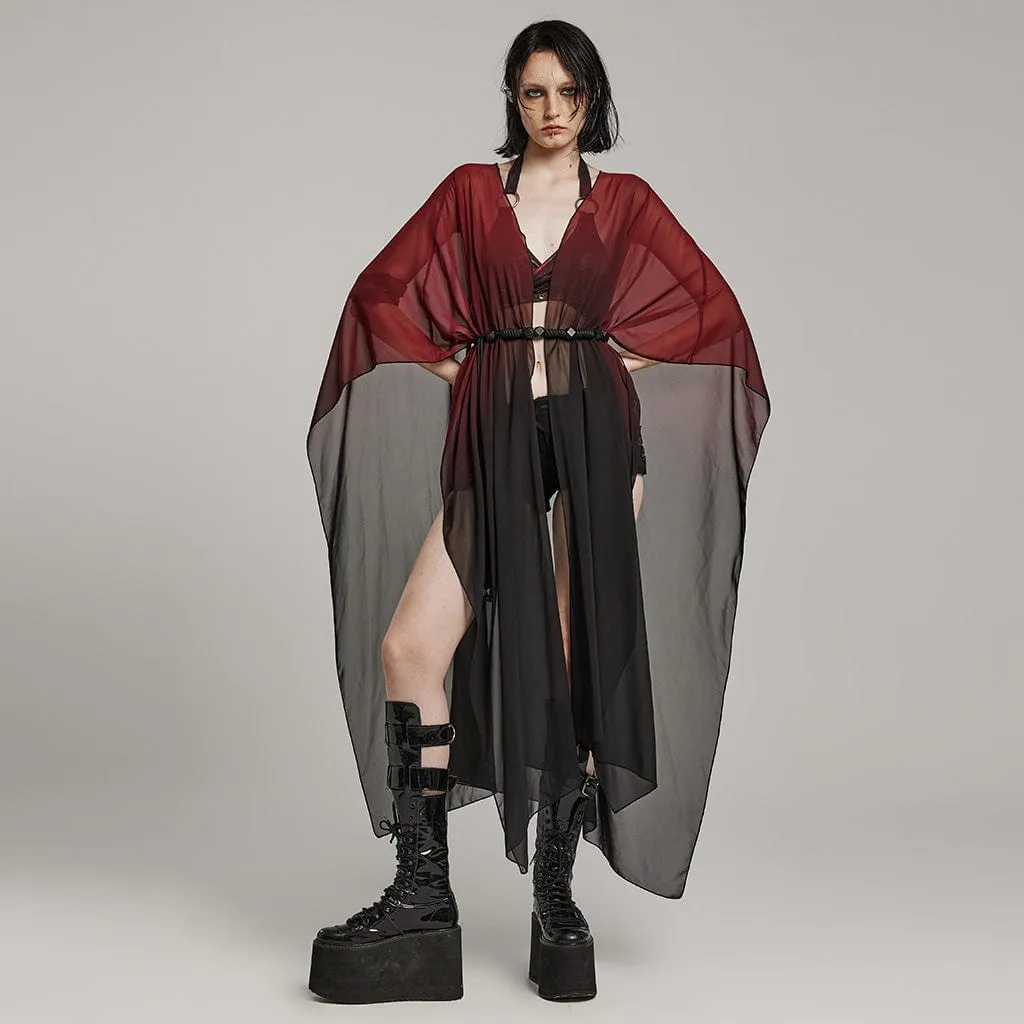 Women's Gothic Sheer Ruffled Loose Coat Black-Red