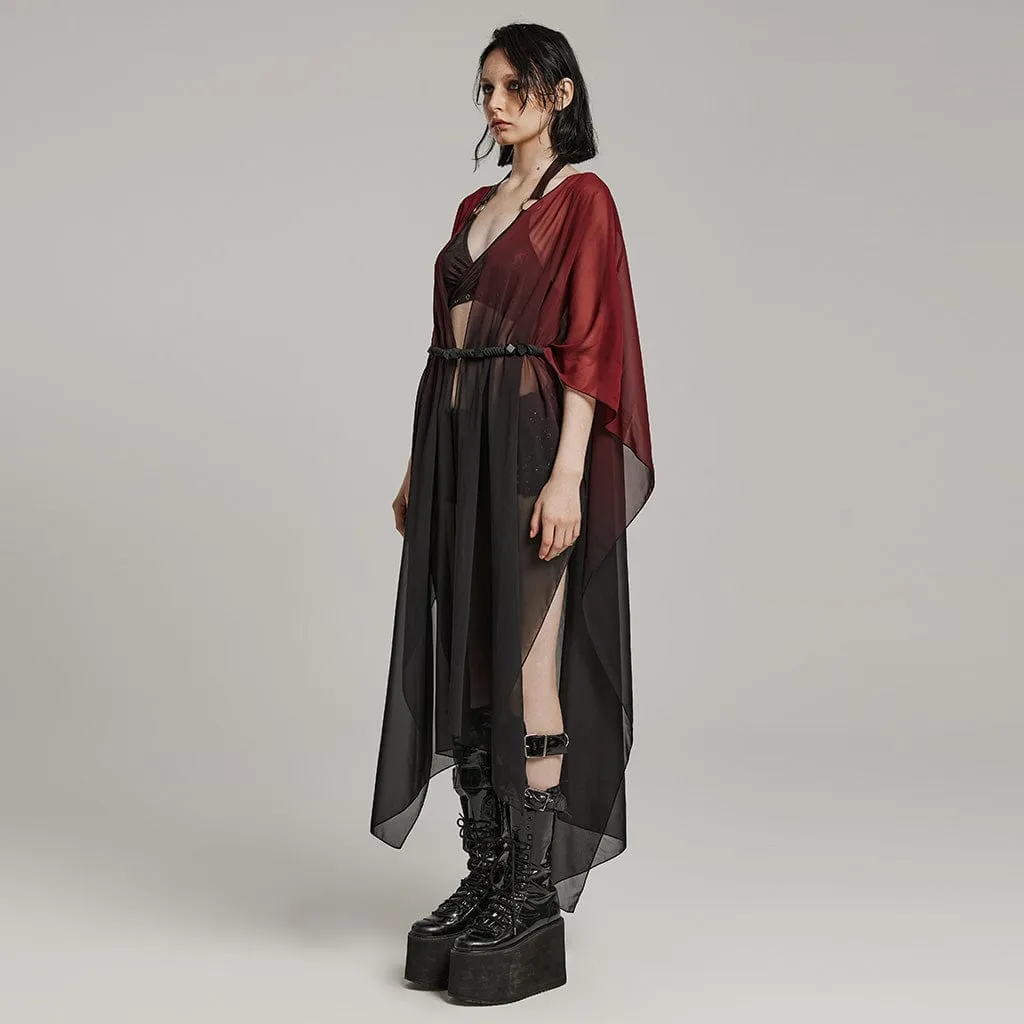 Women's Gothic Sheer Ruffled Loose Coat Black-Red