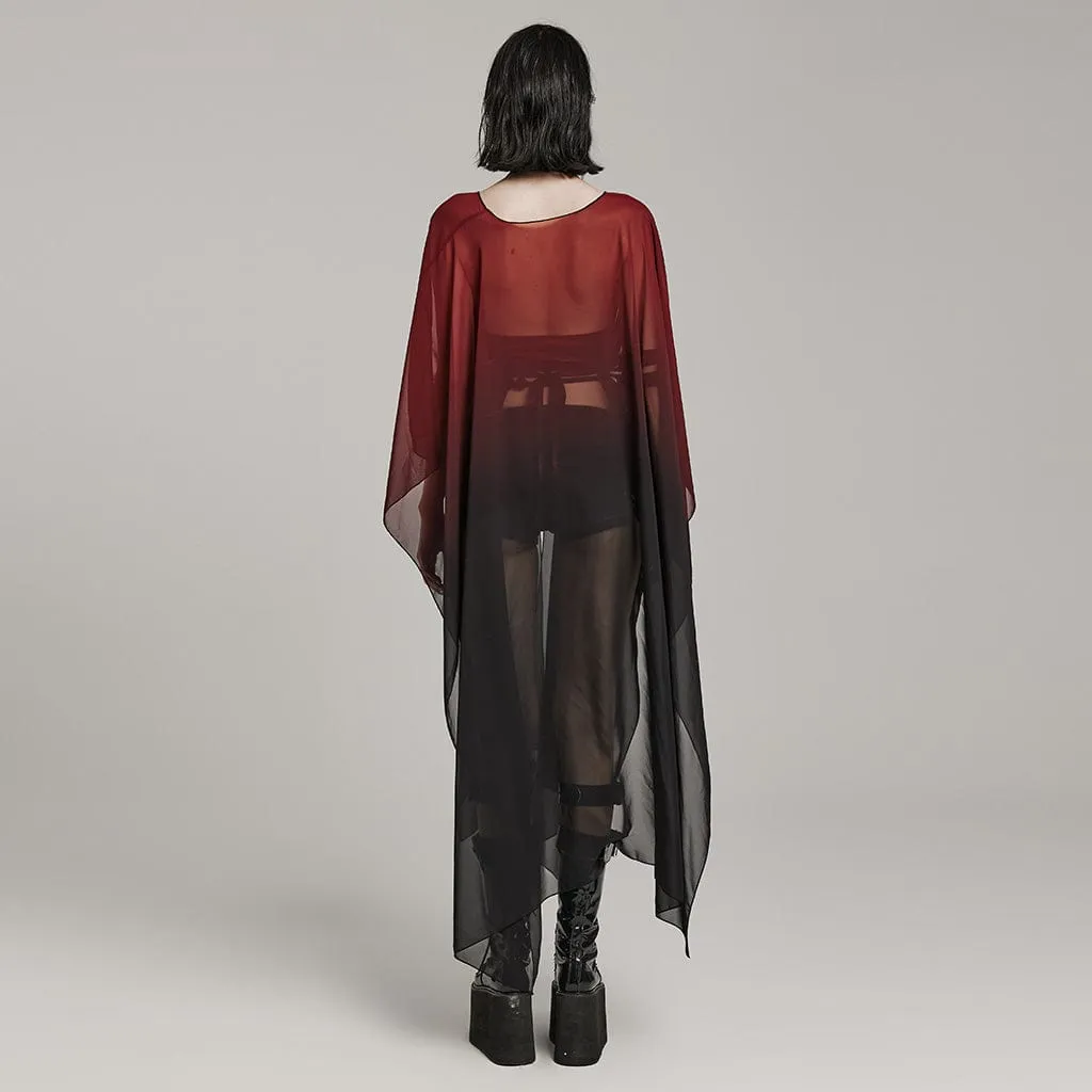 Women's Gothic Sheer Ruffled Loose Coat Black-Red