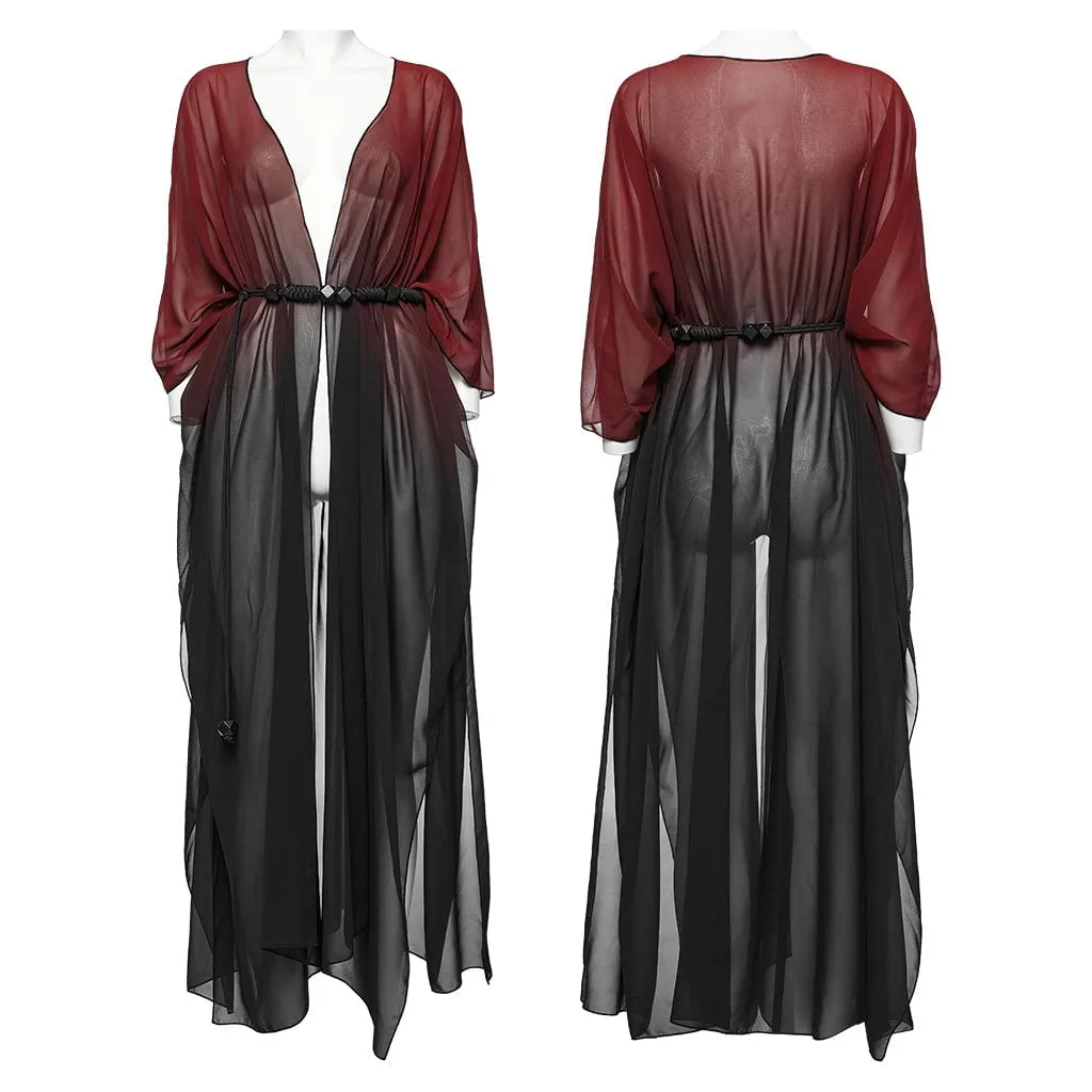 Women's Gothic Sheer Ruffled Loose Coat Black-Red