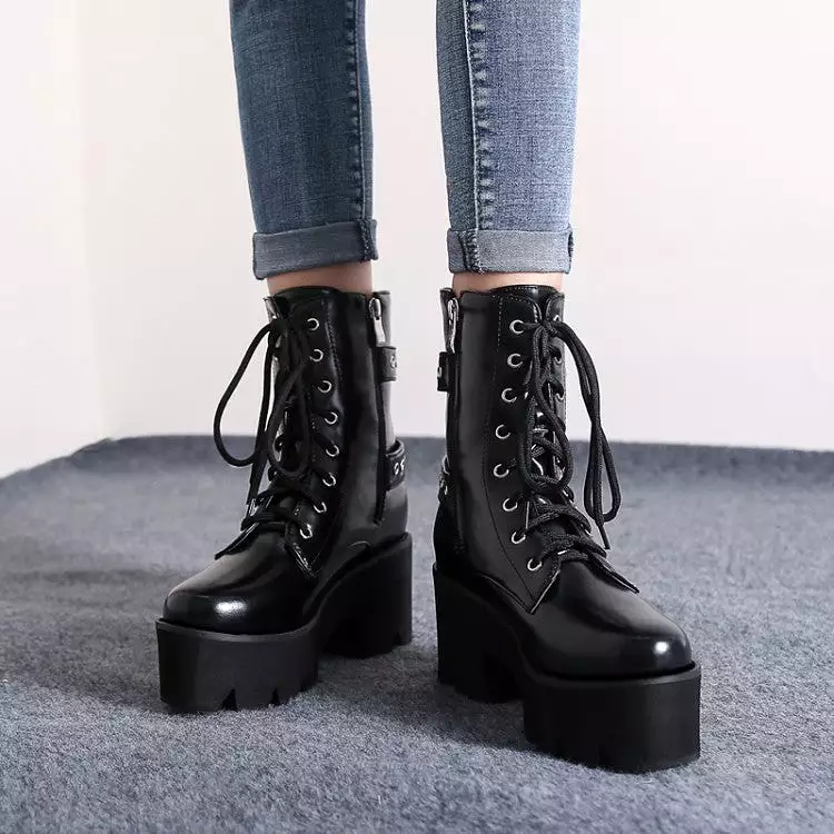 Women's Lace Up Buckle Straps Riding Block Chunky Heel Platform Short Boots