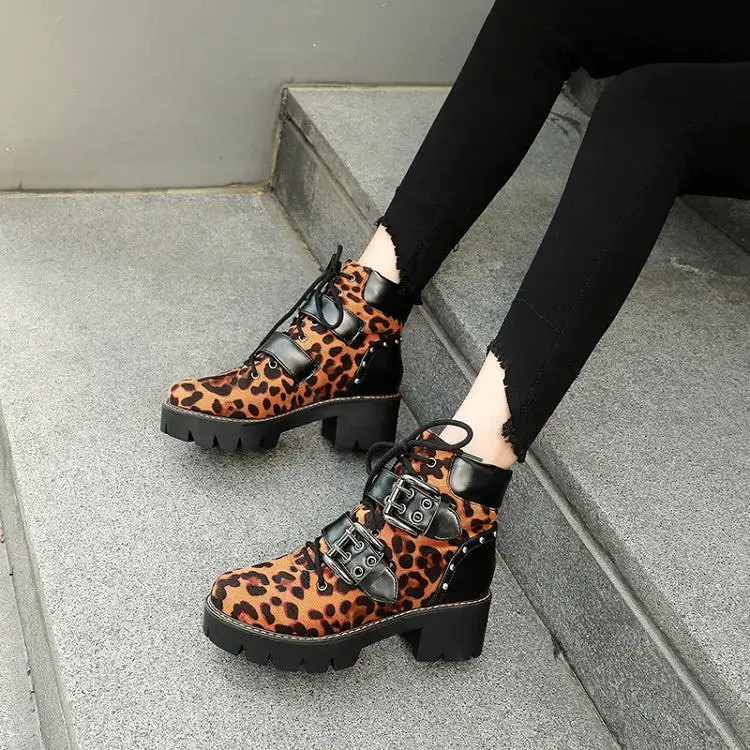 Women's Lace Up Buckle Straps Rivets Block Chunky Heel Platform Short Boots