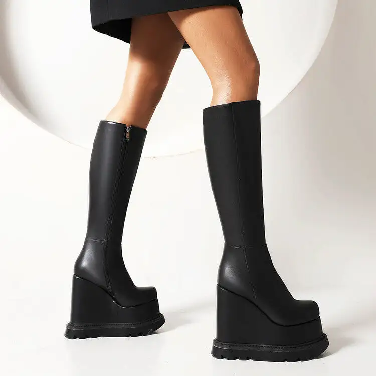 Women's Matte Pu Leather Side Zippers Wedge Heel Platform Knee High Boots