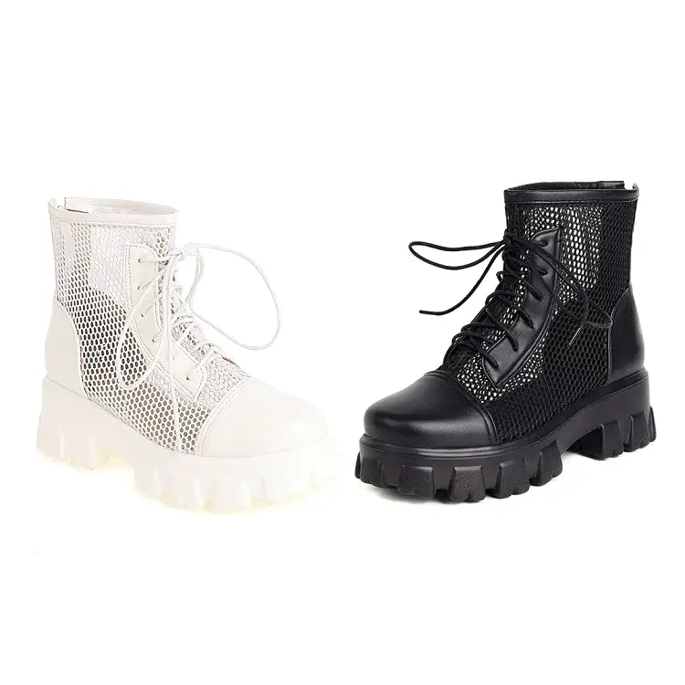 Women's Mesh Lace Up Back Zippers Block Chunky Heel Platform Short Boots