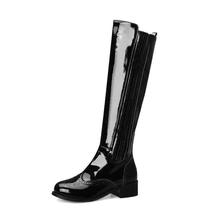 Women's Patent Round Toe Side Zippers Block Chunky Heel Platform Knee High Boots