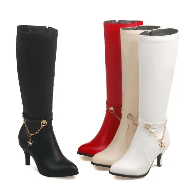 Women's Pu Leather Pointed Toe Metal Stars Chains Side Zippers Kitten Heel Knee High Boots