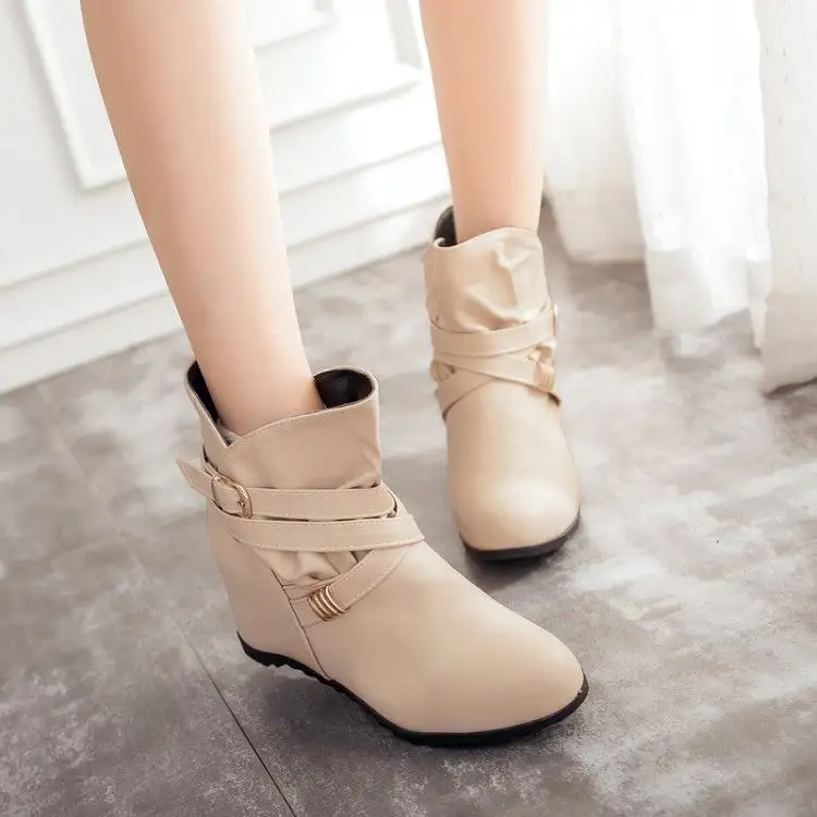 Women's Pu Leather Round Toe Crossed Buckle Straps Wedge Heel Short Boots