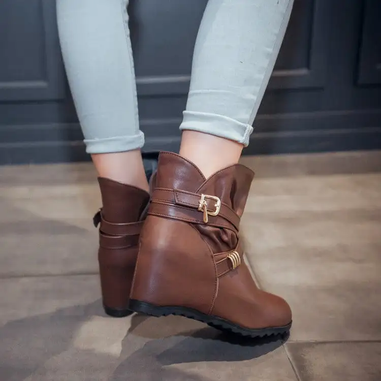 Women's Pu Leather Round Toe Crossed Buckle Straps Wedge Heel Short Boots