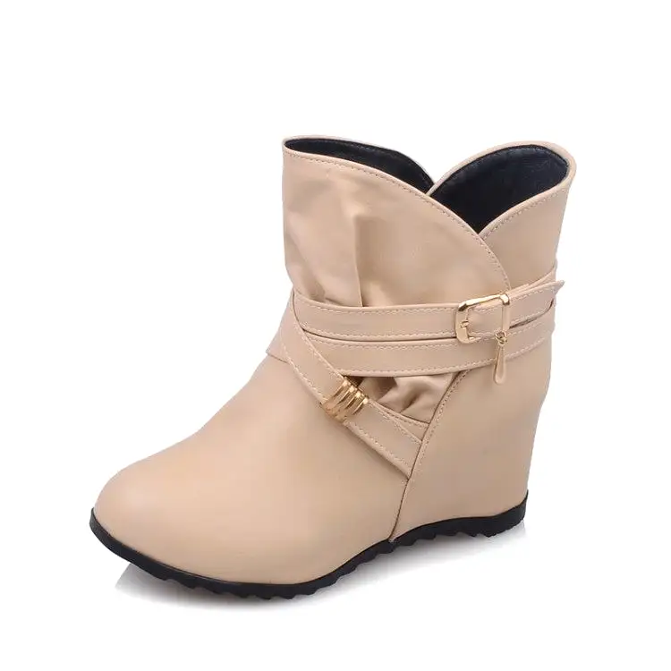 Women's Pu Leather Round Toe Crossed Buckle Straps Wedge Heel Short Boots