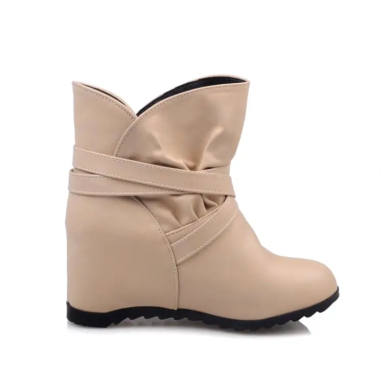 Women's Pu Leather Round Toe Crossed Buckle Straps Wedge Heel Short Boots