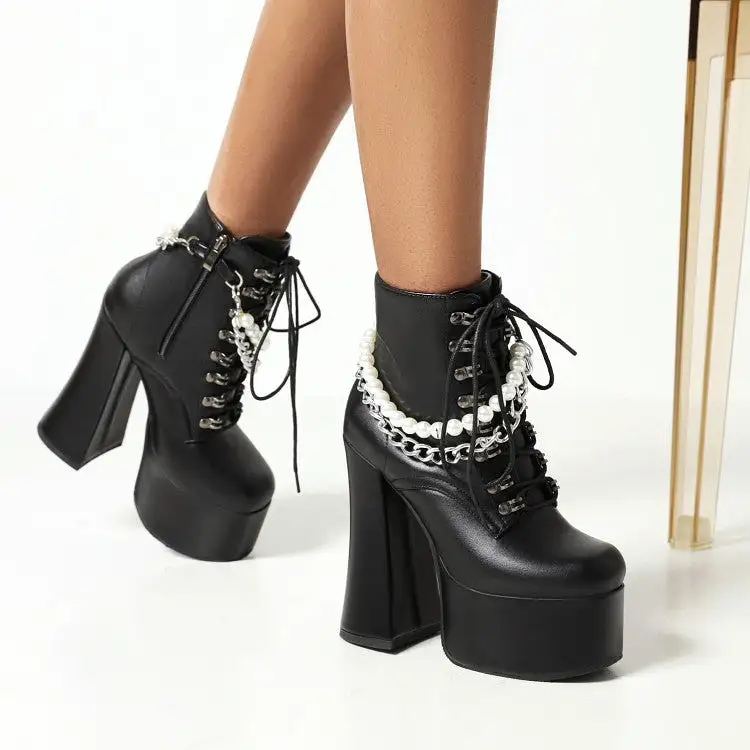 Women's Pu Leather Round Toe Pearls Metal Chains Lace Up Block Chunky Heel Platform Ankle Boots