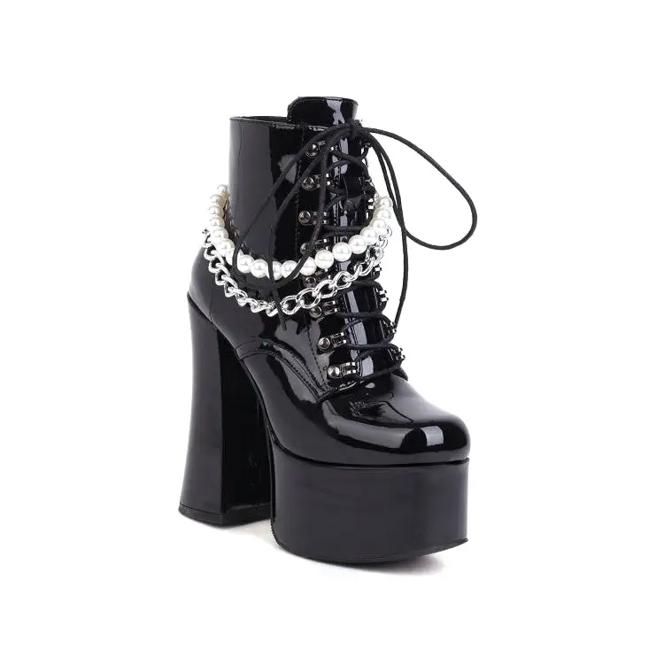 Women's Pu Leather Round Toe Pearls Metal Chains Lace Up Block Chunky Heel Platform Ankle Boots