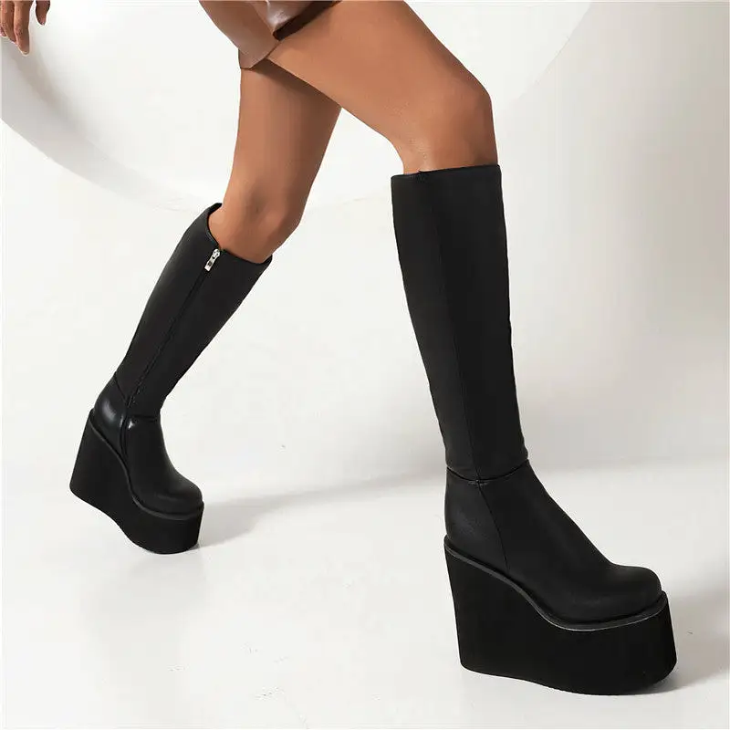 Women's Pu Leather Round Toe Side Zippers Wedge Heel Platform Knee High Boots