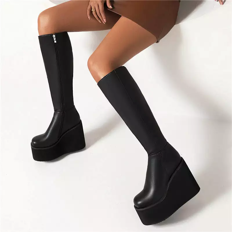 Women's Pu Leather Round Toe Side Zippers Wedge Heel Platform Knee High Boots