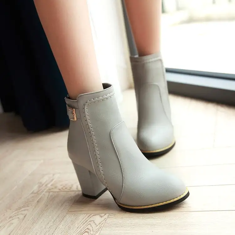 Women's Pu Leather Round Toe Stitch Buckle Straps Block Chunky Heel Back Zippers Short Boots