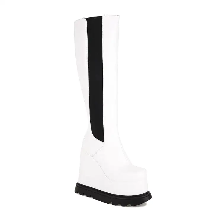 Women's Pu Leather Square Toe Bicolor Side Zippers Wedge Heel Platform Knee High Boots