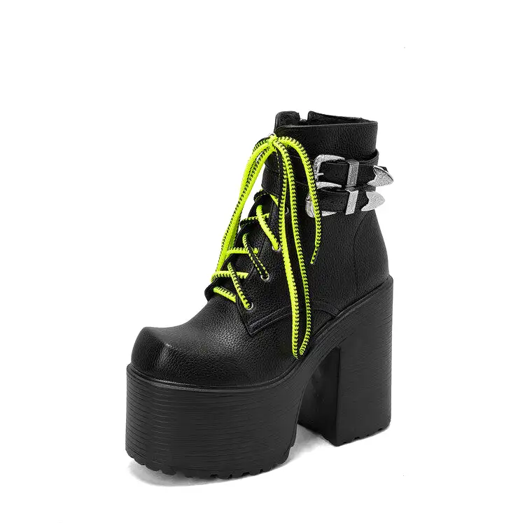 Women's Pu Leather Square Toe Lace Up Buckle Straps Block Chunky Heel Platform Ankle Boots