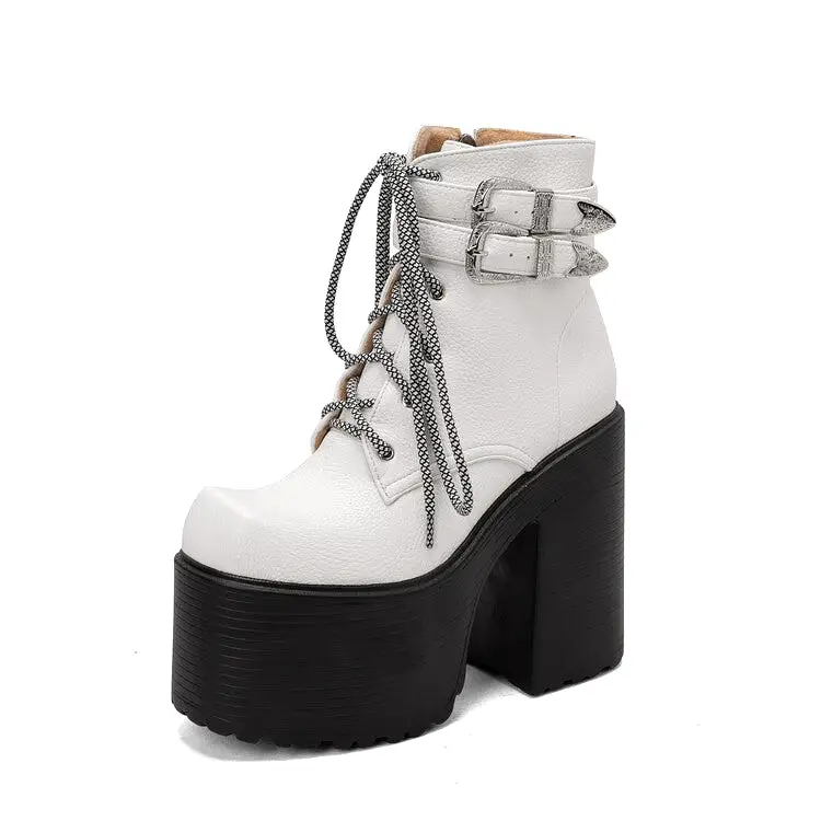 Women's Pu Leather Square Toe Lace Up Buckle Straps Block Chunky Heel Platform Ankle Boots