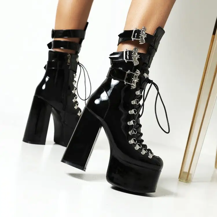 Women's Pu Leather Square Toe Rivets Lace Up Buckle Straps Block Chunky Heel Platform Ankle Boots