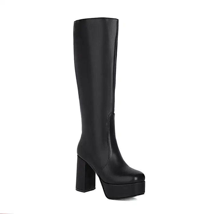 Women's Pu Leather Square Toe Side Zippers Block Chunky Heel Platform Knee High Boots