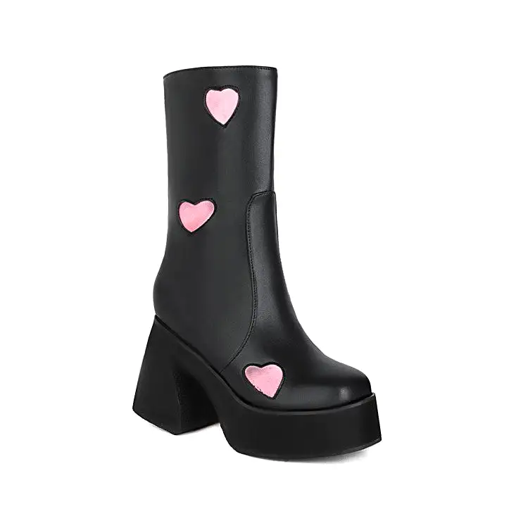 Women's Pu Leather Square Toe Side Zippers Love Hearts Block Chunky Heel Platform Short Boots