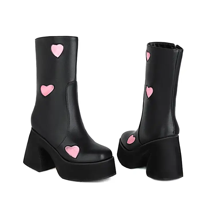 Women's Pu Leather Square Toe Side Zippers Love Hearts Block Chunky Heel Platform Short Boots