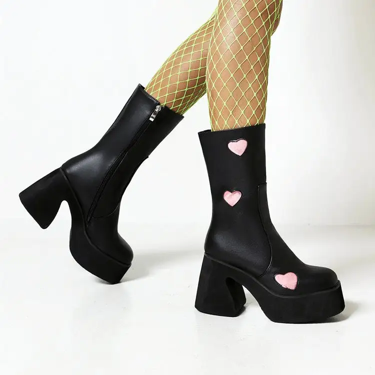 Women's Pu Leather Square Toe Side Zippers Love Hearts Block Chunky Heel Platform Short Boots