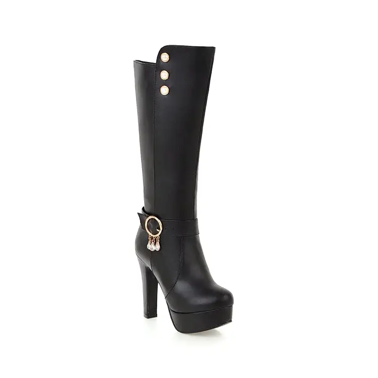 Women's Rivets Pearls Side Zippers Buckle Straps Block Chunky Heel Platform Knee High Boots