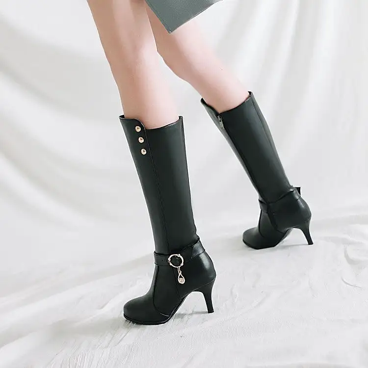 Women's Rivets Rhinestone Buckle Straps Side Zippers Kitten Heel Knee High Boots