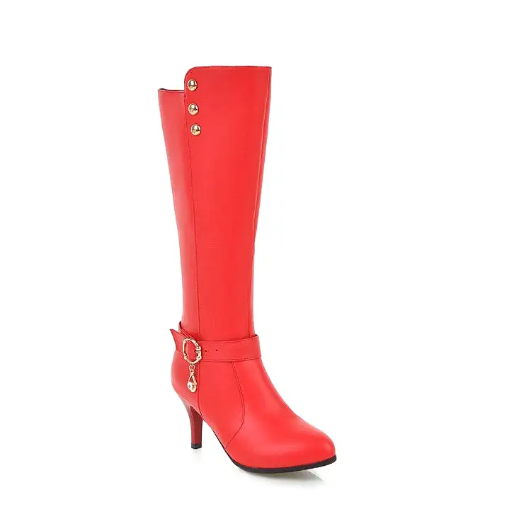 Women's Rivets Rhinestone Buckle Straps Side Zippers Kitten Heel Knee High Boots