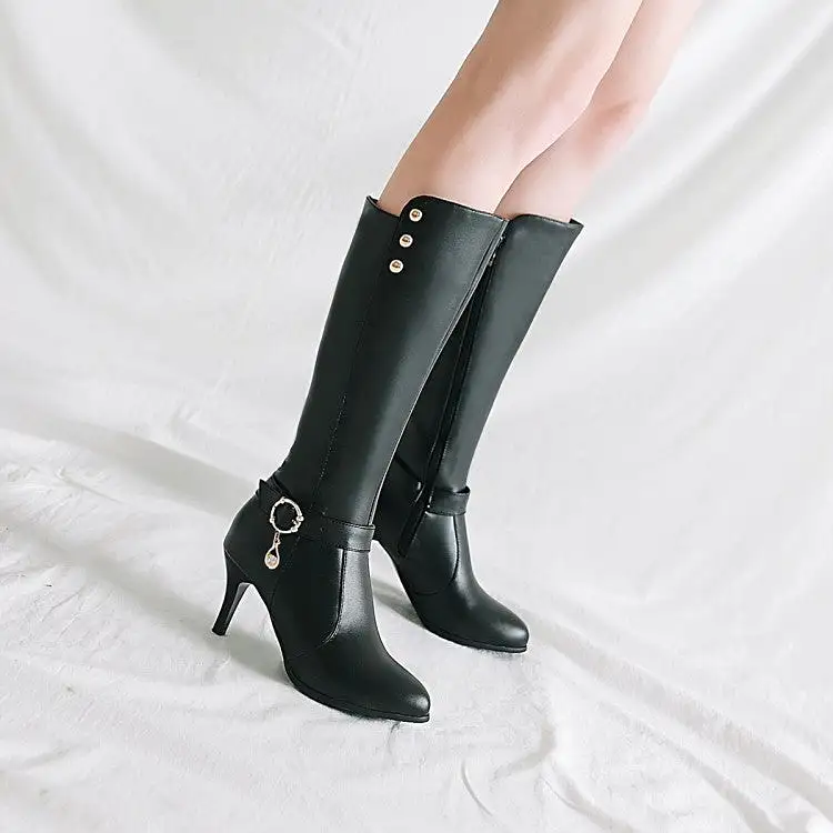 Women's Rivets Rhinestone Buckle Straps Side Zippers Kitten Heel Knee High Boots