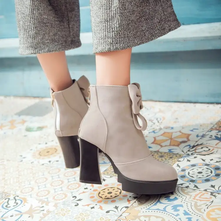 Women's Round Toe Bow Tie Back Zippers Block Chunky Heel Platform Short Boots