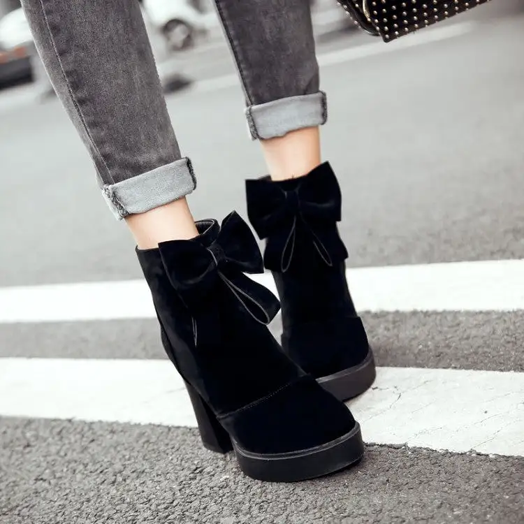 Women's Round Toe Bow Tie Back Zippers Block Chunky Heel Platform Short Boots