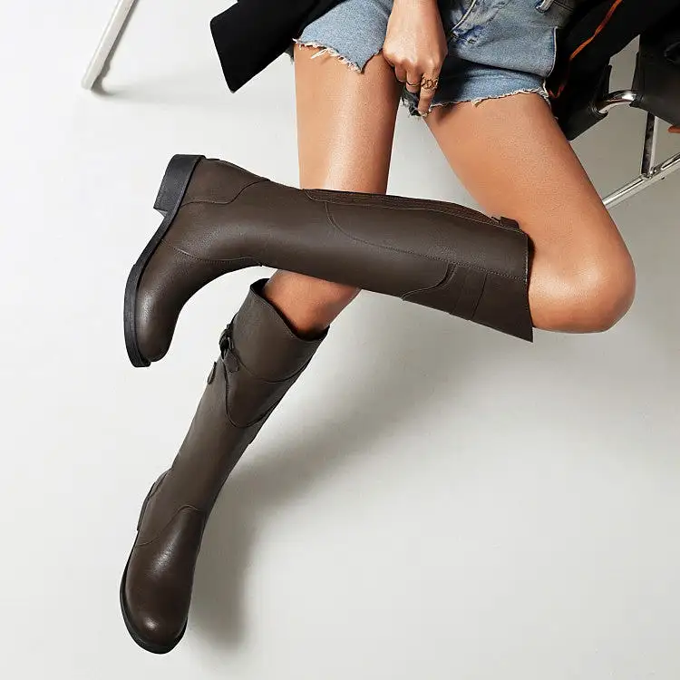 Women's Round Toe Buckle Straps Knee High Boots