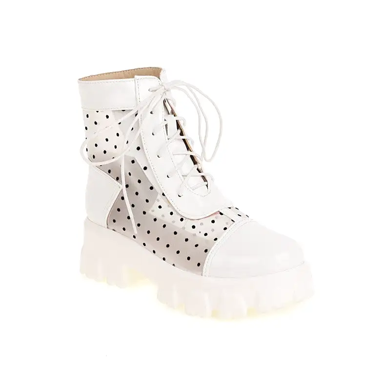 Women's Round Toe Clear Lace-Up Block Chunky Heel Platform Short Boots