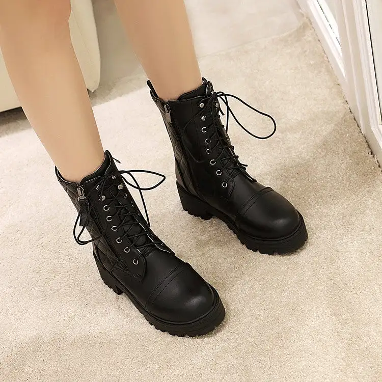 Women's Round Toe Lace-Up Side Zippers Block Chunky Heel Platform Short Boots