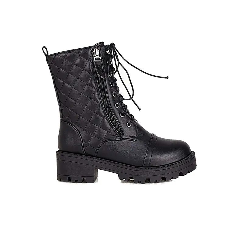 Women's Round Toe Lace-Up Side Zippers Block Chunky Heel Platform Short Boots