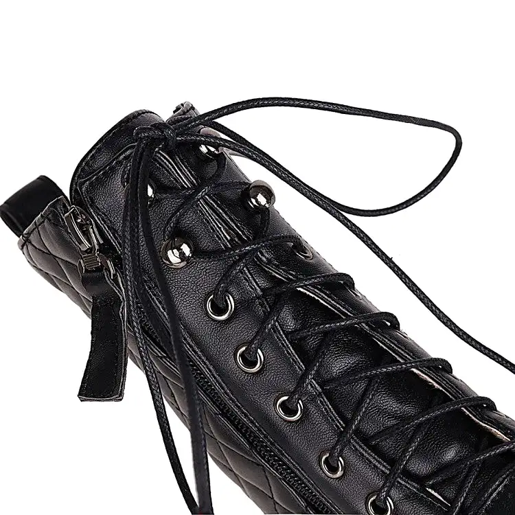 Women's Round Toe Lace-Up Side Zippers Block Chunky Heel Platform Short Boots