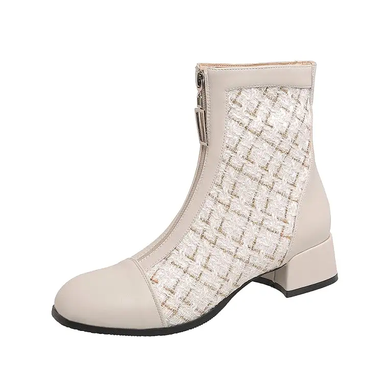 Women's Round Toe Pu Leather Lattice Patchwork Zippers Block Chunky Heel Short Boots