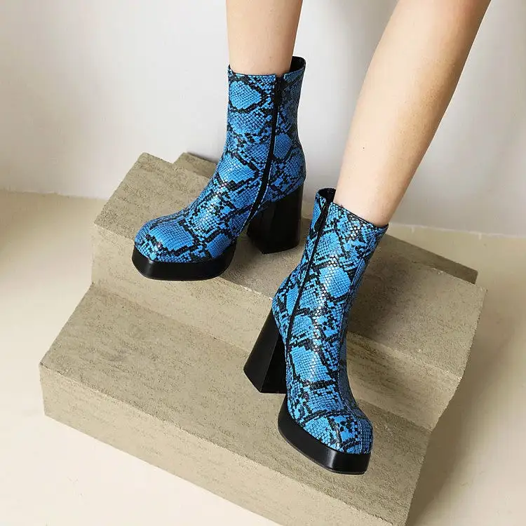 Women's Snake Square Toe Back Zippers Block Chunky Heel Platform Short Boots