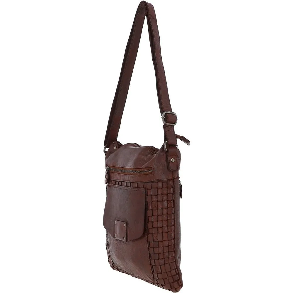 Woven Classic Large Leather Vintage Crossbody Bag Cognac :  D-72