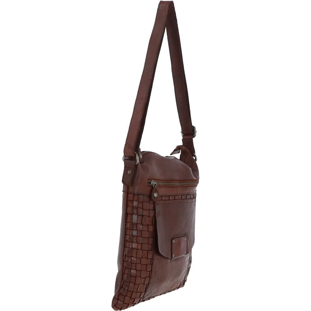 Woven Classic Large Leather Vintage Crossbody Bag Cognac :  D-72