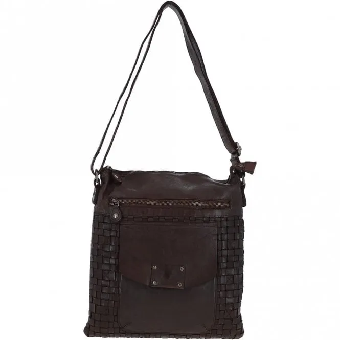 Woven Classic Large Leather Vintage Crossbody Bag Dark Brown :  D-72