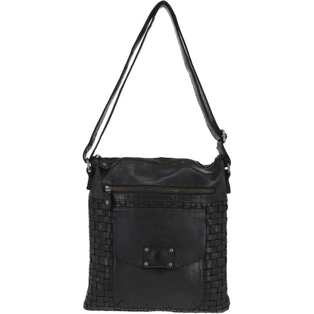 Woven Classic Large Leather Vintage Crossbody Bag Dark Grey :  D-72